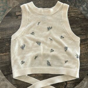 Knit sweater crop, white with purple flowers, tie on back